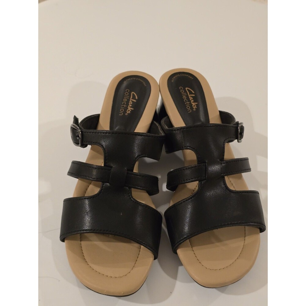Clarks Collection Ultimate Comfort Black Leather Sandals Block Heel Women's Size